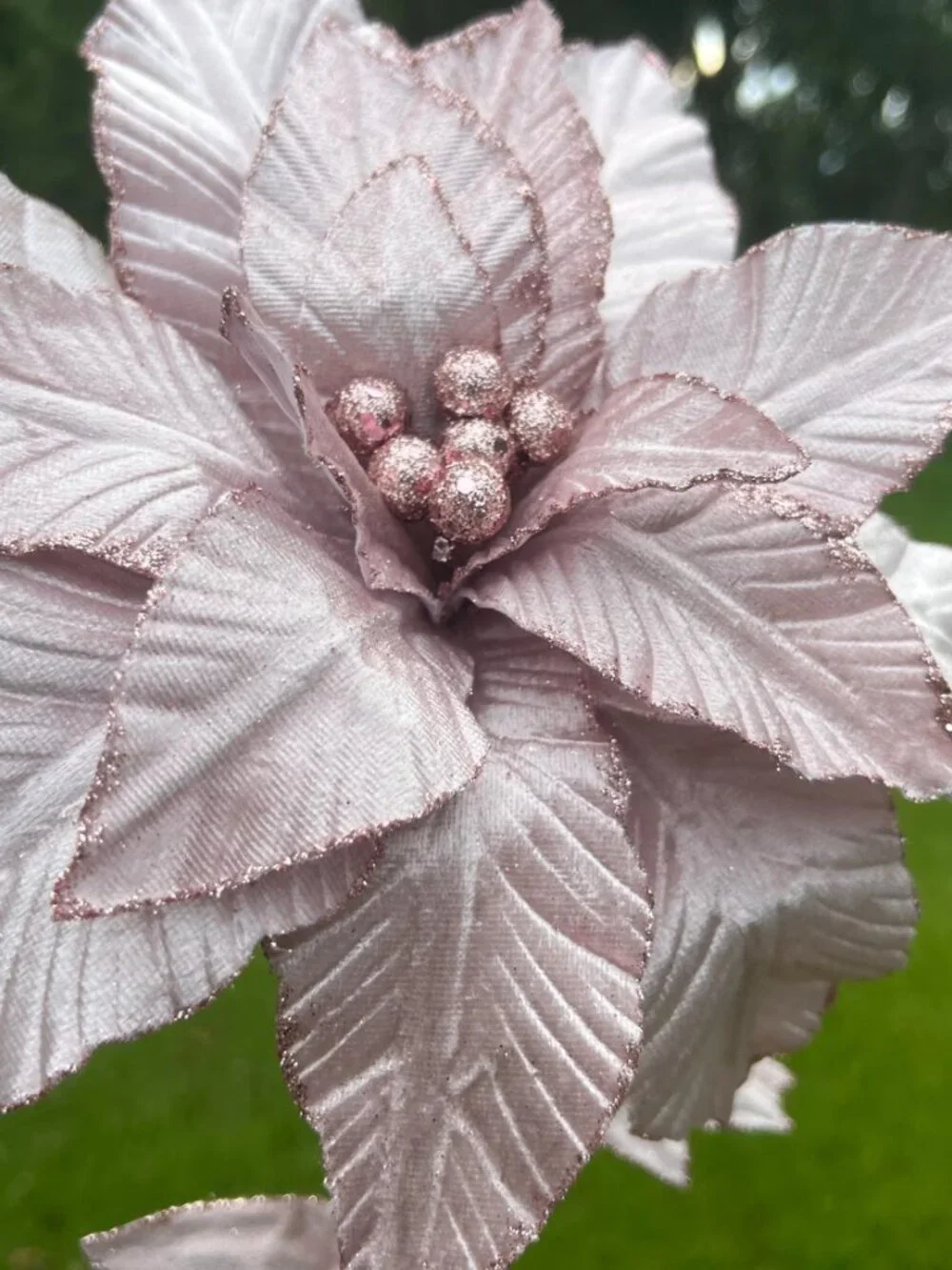 Blush Pink Velvet With Glitter Poinsettia Stem Christmas Holiday Tree Pick